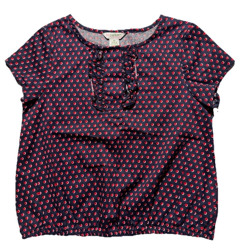 KC Parker Girls Size 10 Navy Red Polka Dot Ruffle Peasant Blouse Top